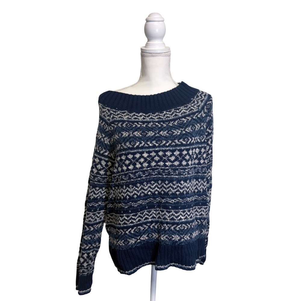 Chaps Women's Blue and White Patterned Mock Neck Sweater Size Large